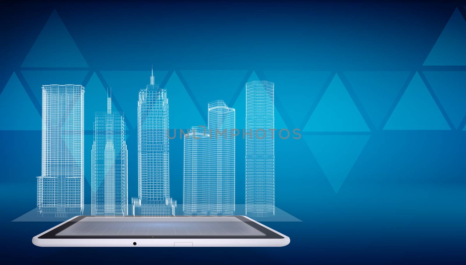 Glowing wire-frame buildings on screen tablet pc. Transparent triangles rows as backdrop