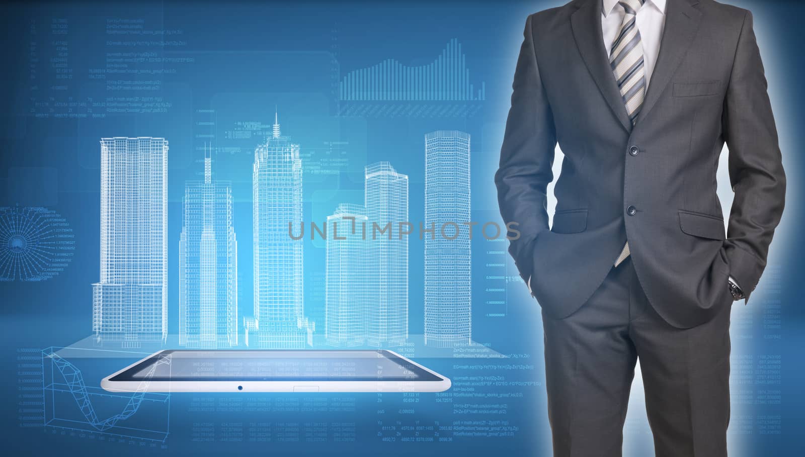 Businessman in suit standing and holds hands in pockets. Glowing wire-frame buildings on screen tablet pc as backdrop