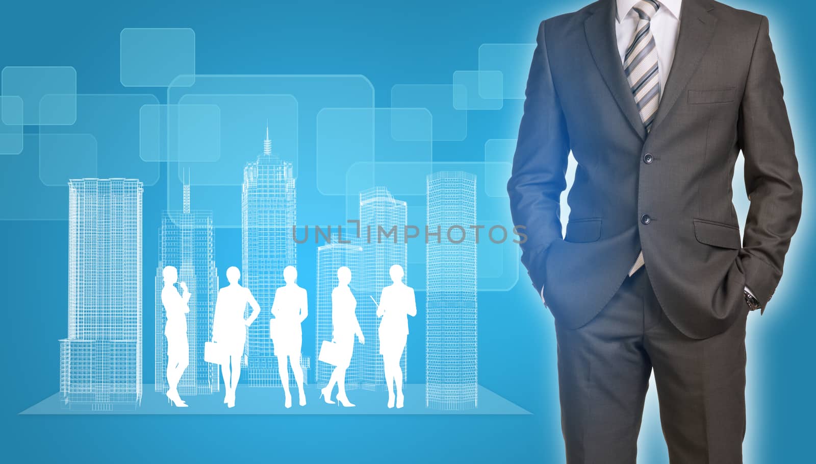 Businessman with wire-frame buildings and business silhouettes by cherezoff
