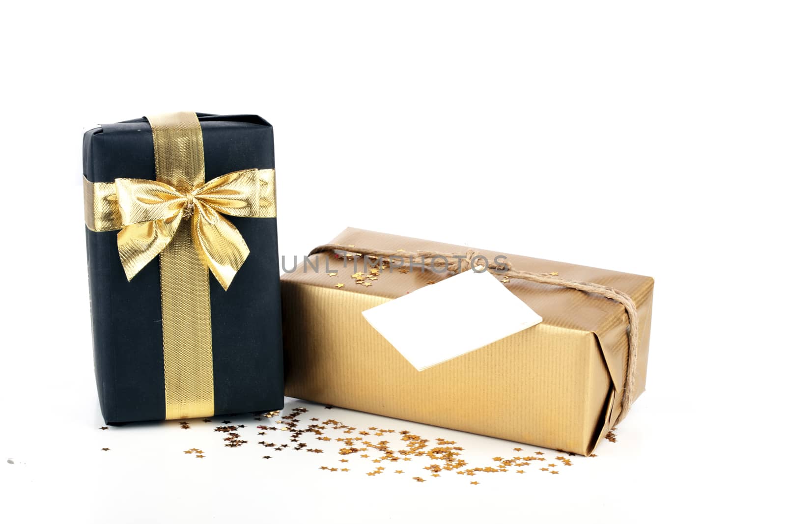 Golden and black christmas gift box  with blank card