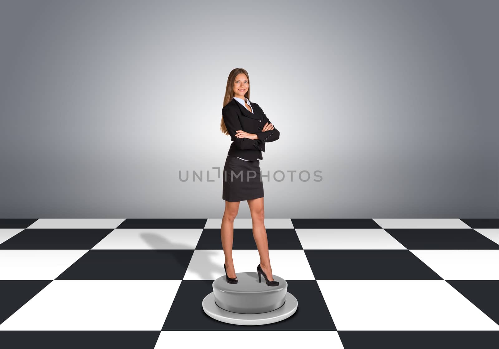 Beautiful businesswoman standing with crossed arms. Floor with checkerboard texture and gray wall