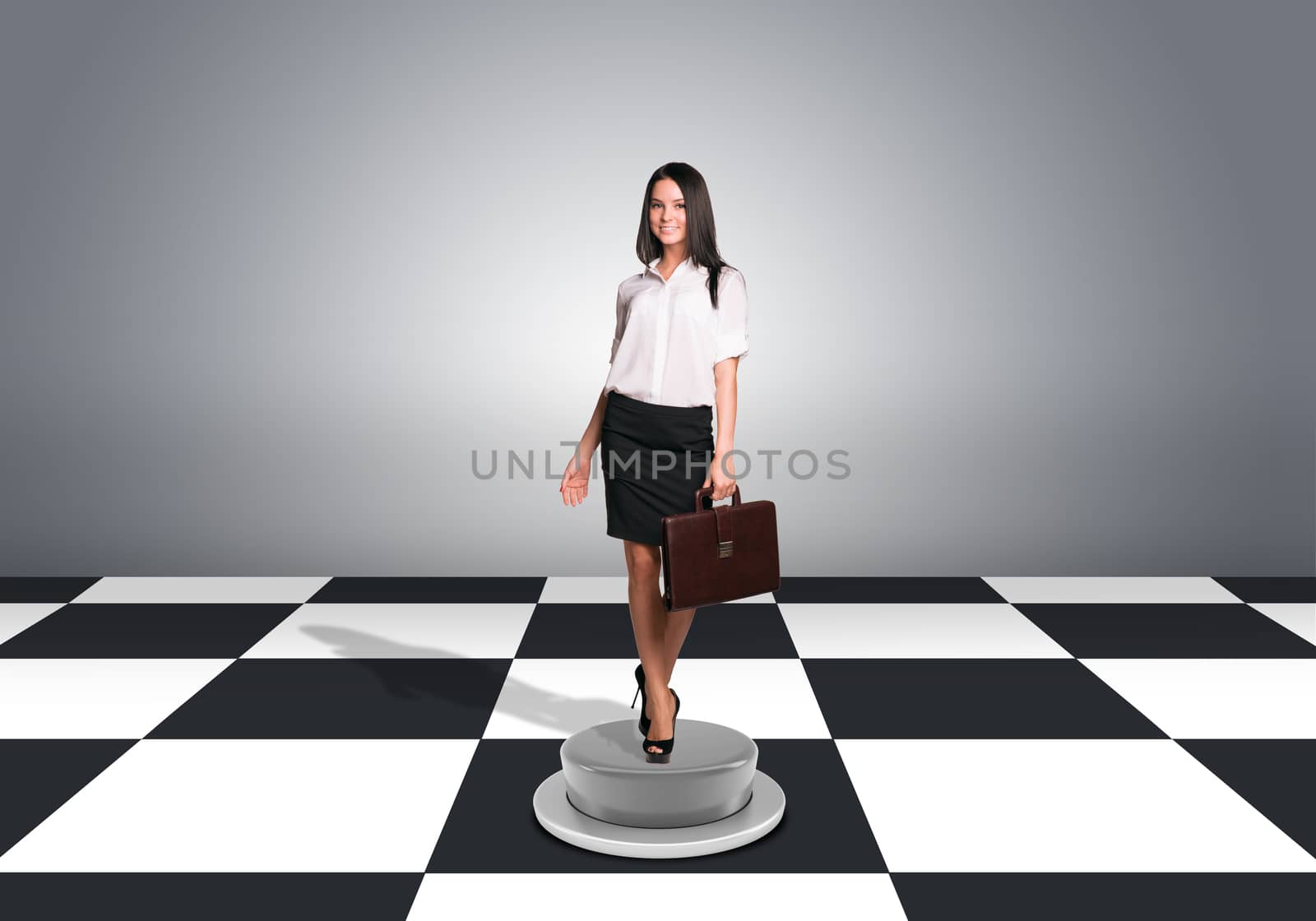 Beautiful businesswoman walking and holding briefcase. Floor with checkerboard texture and gray wall