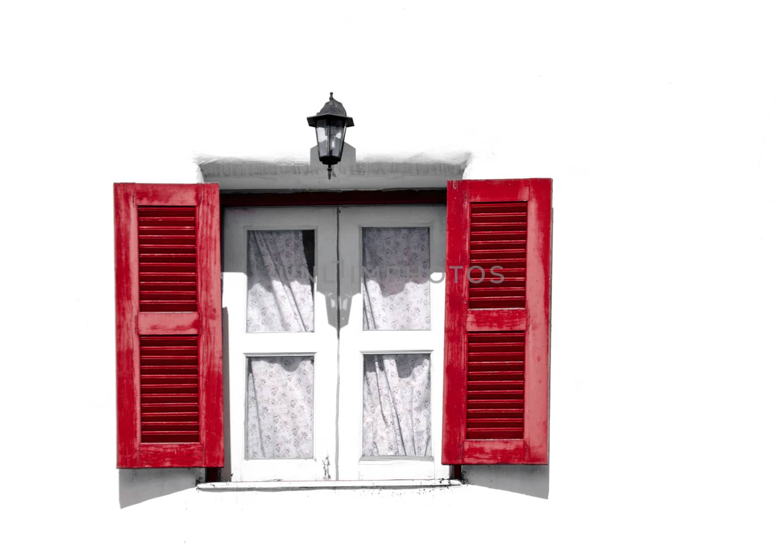 red vintage windows on white wall