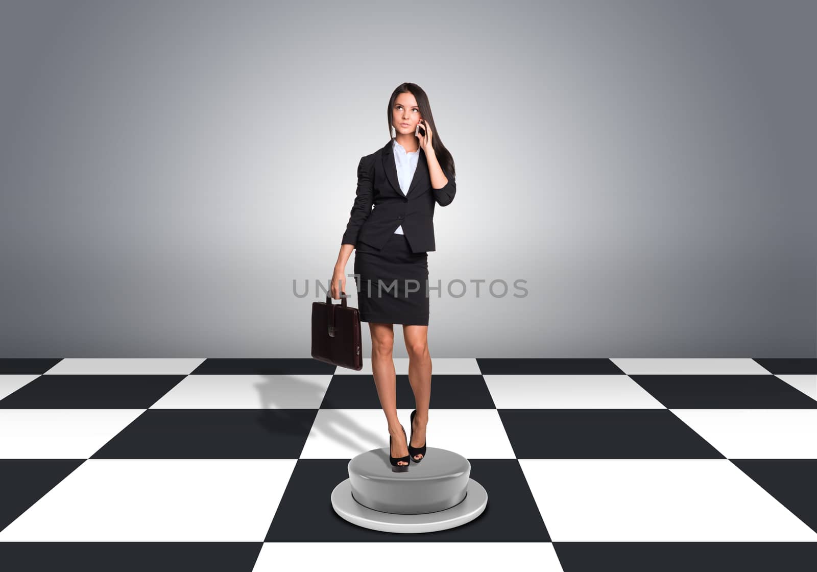 Beautiful businesswoman holding briefcase and using phone by cherezoff