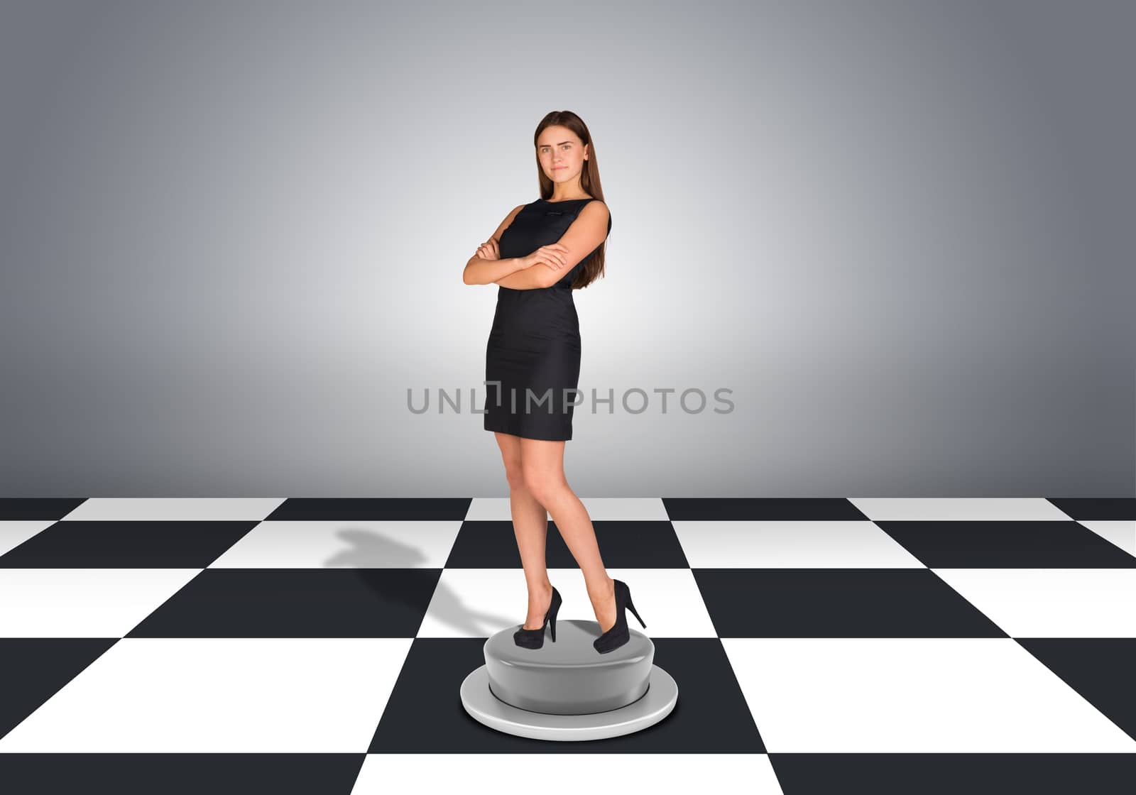 Beautiful businesswoman standing with crossed arms. Floor with checkerboard texture and gray wall