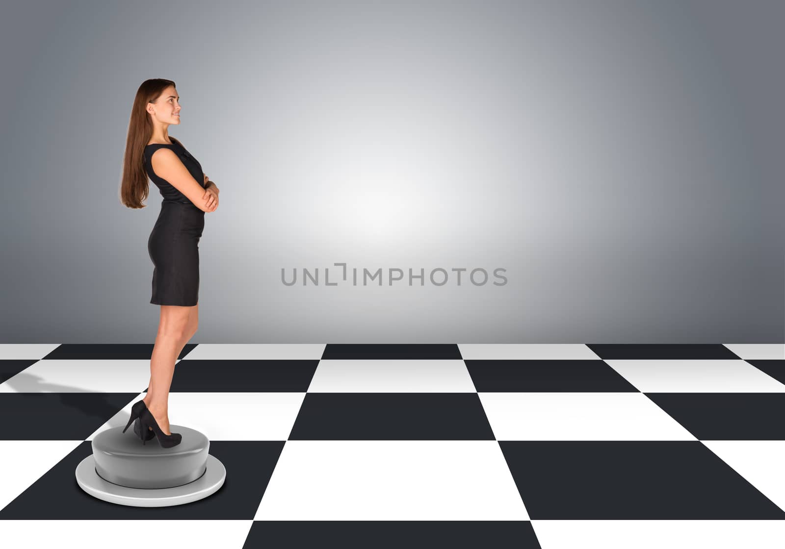 Beautiful businesswoman standing with crossed arms. Floor with checkerboard texture and gray wall