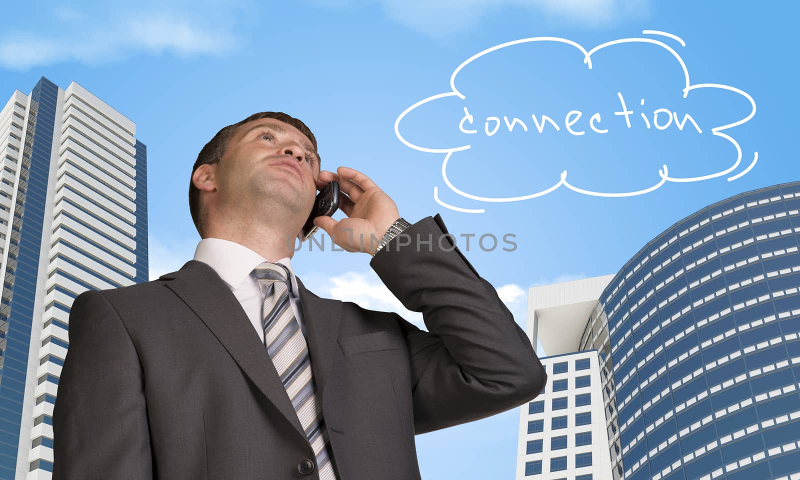 Businessman talking on the phone. Skyscrapers and cloud with word connection in background
