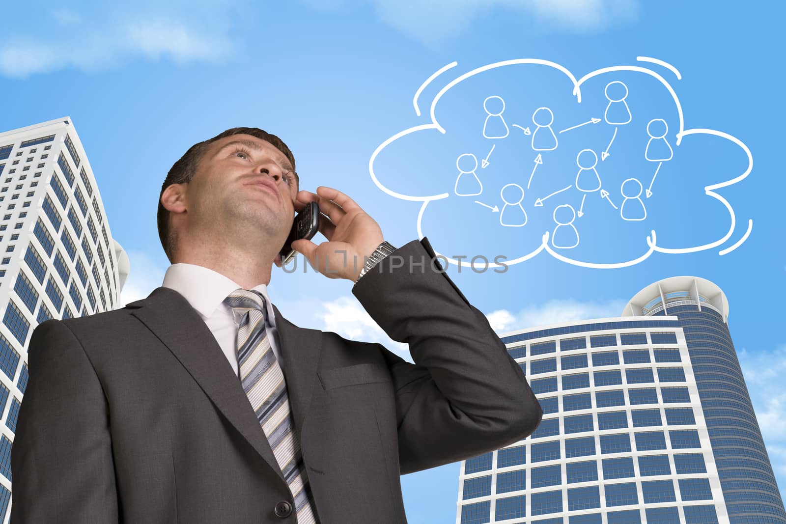 Businessman talking on the phone. Cloud with people icons by cherezoff