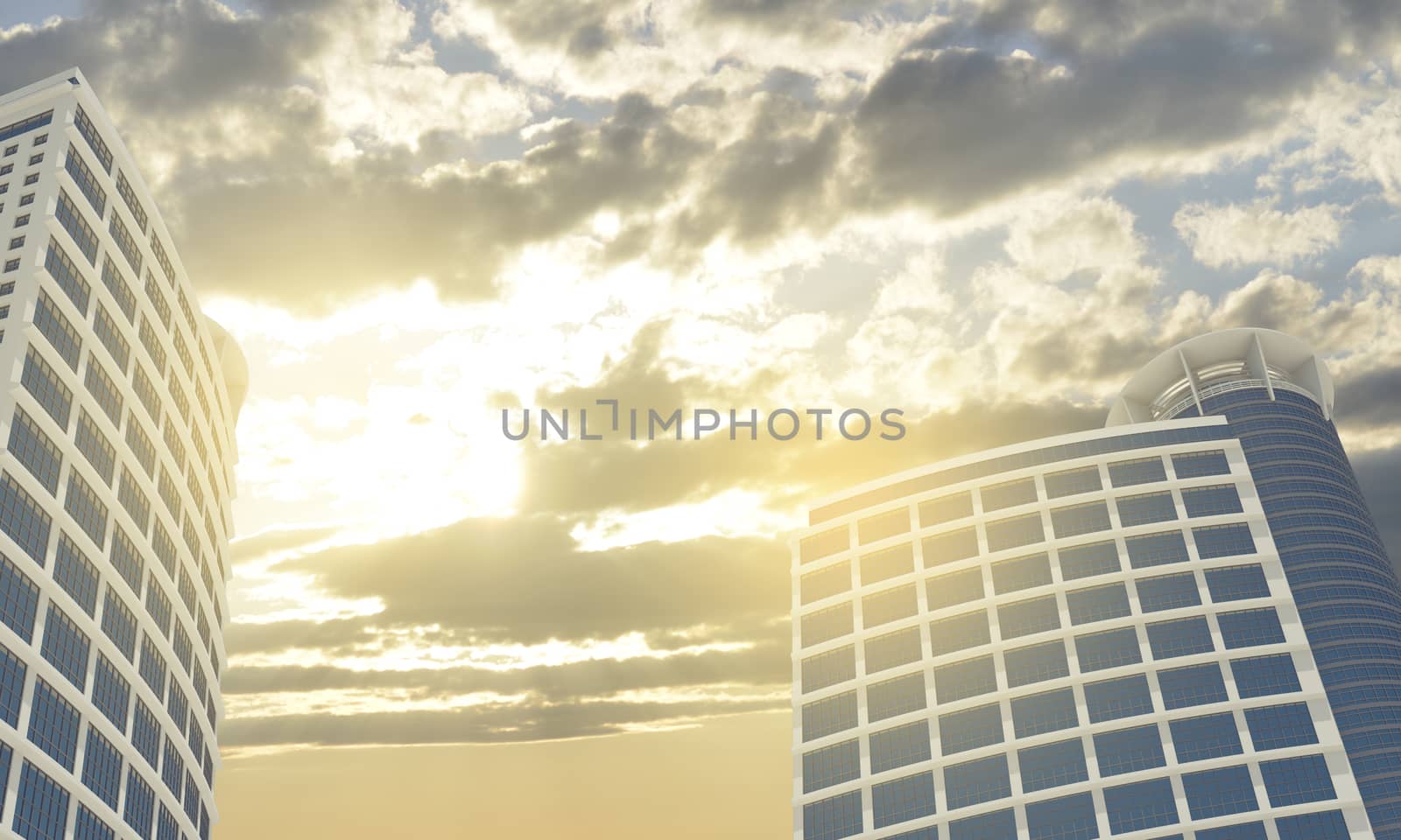 Skyscrapers and evening sky with clouds. Architecture background