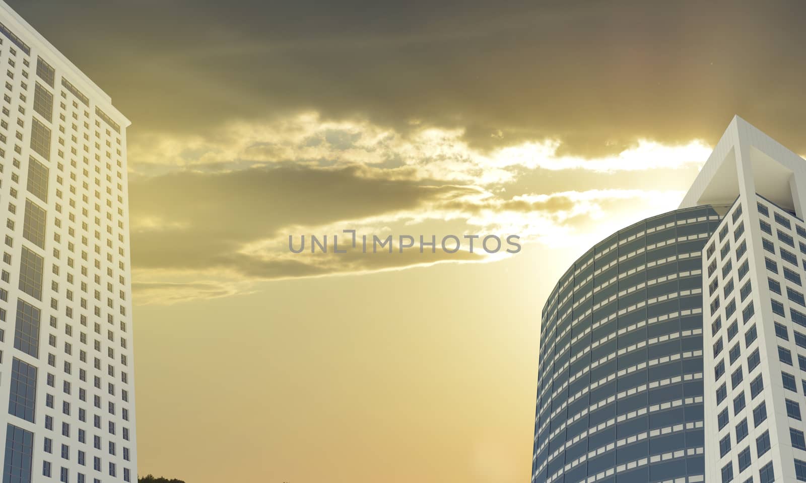 Skyscrapers and evening sky with clouds. Architecture background