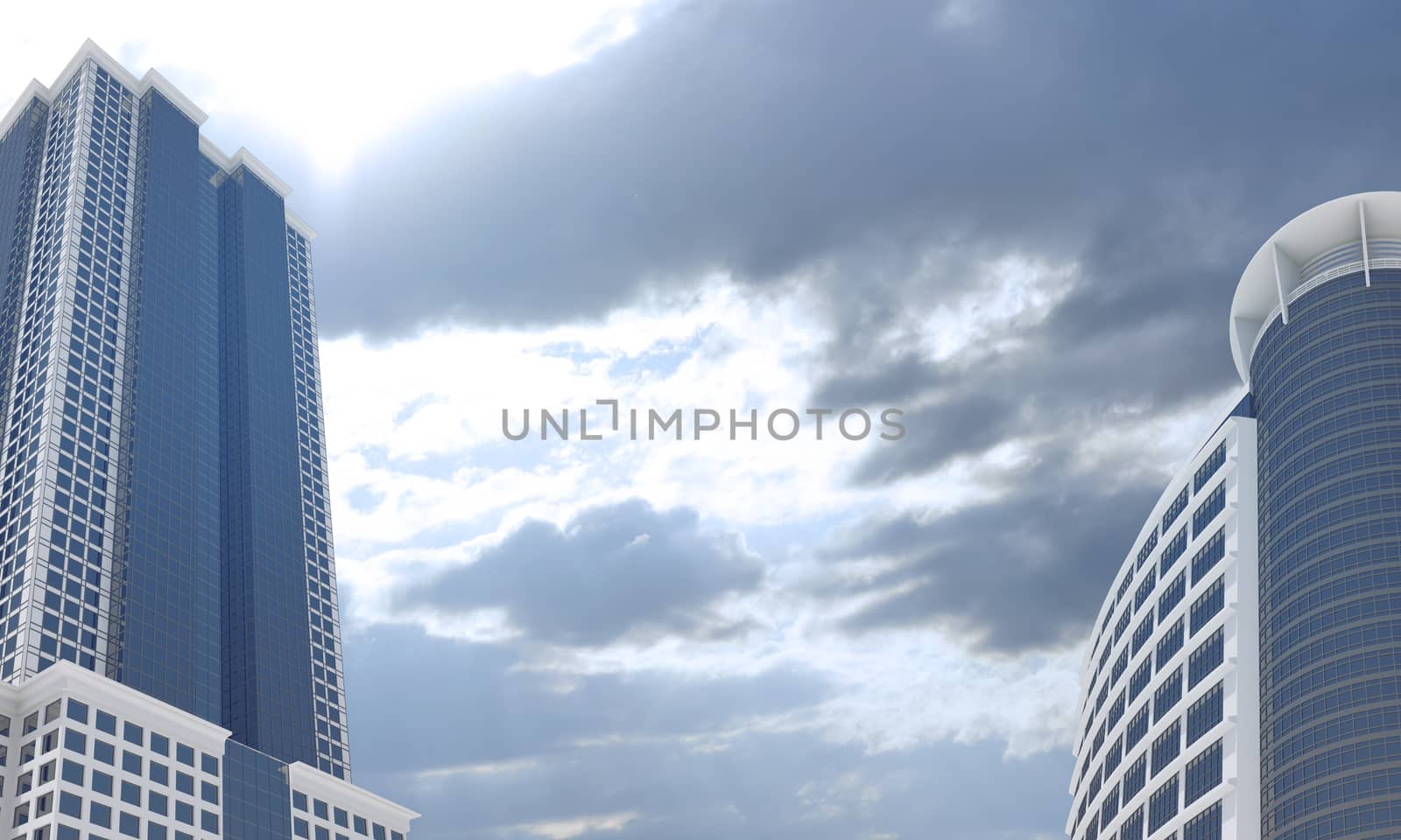 Skyscrapers and evening sky with clouds. Architecture background