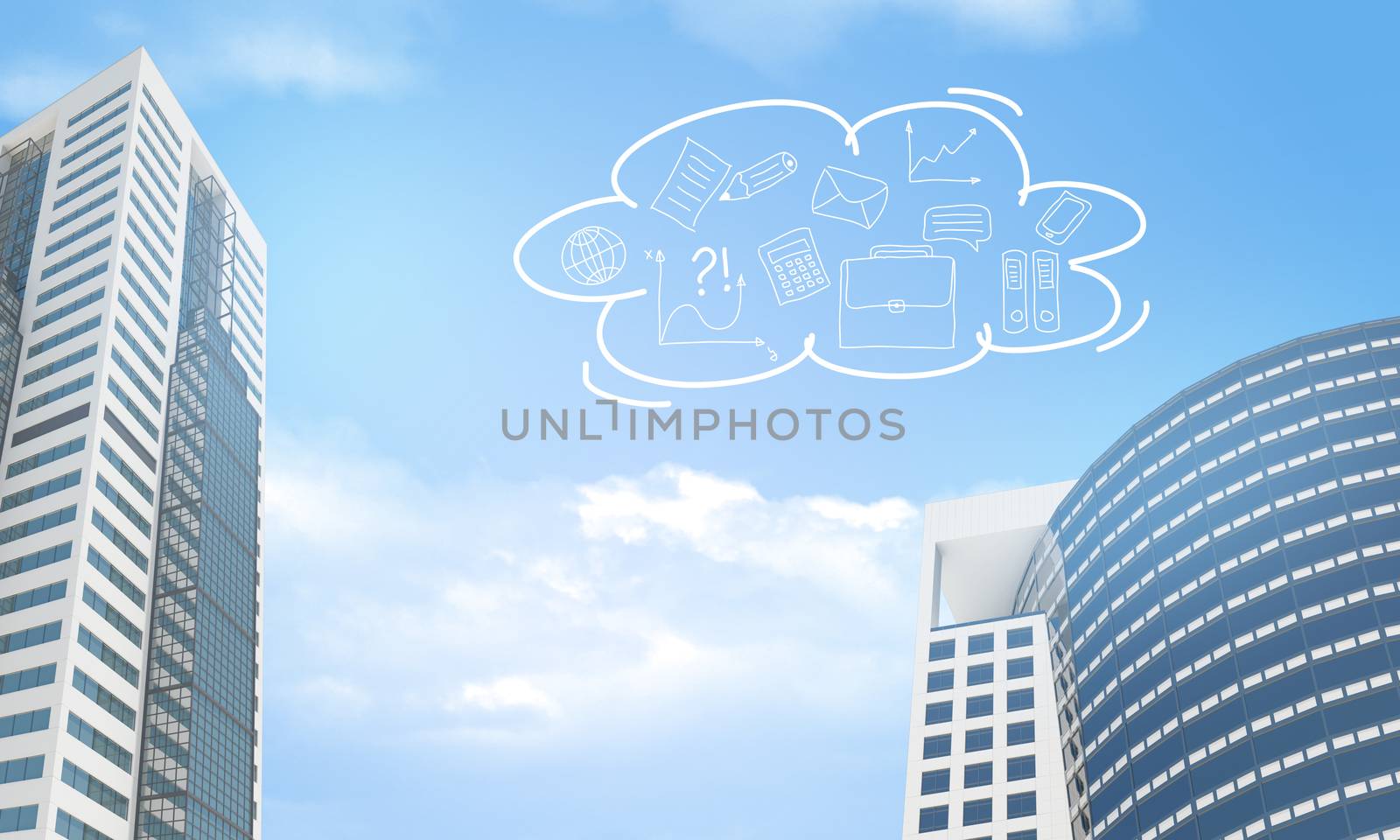 Skyscrapers and cloud with business sketches. Architecture background