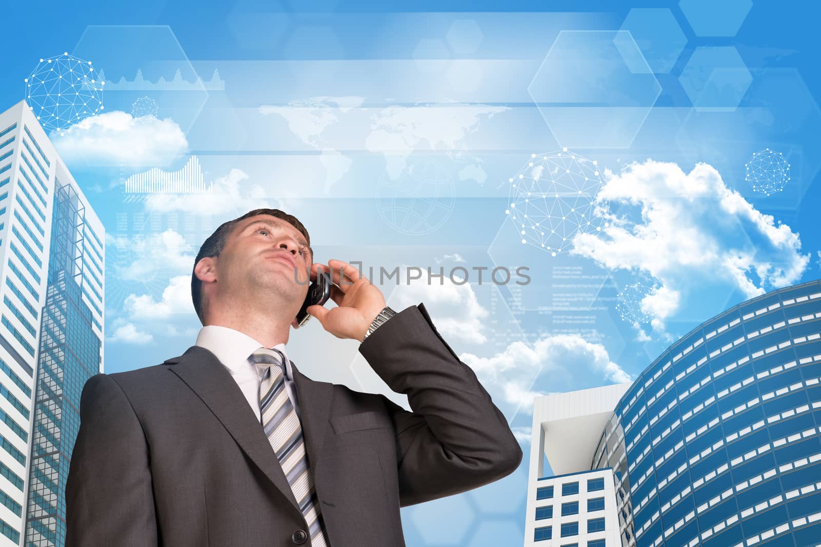 Businessman talking on the phone. Skyscrapers and sky with business elements by cherezoff