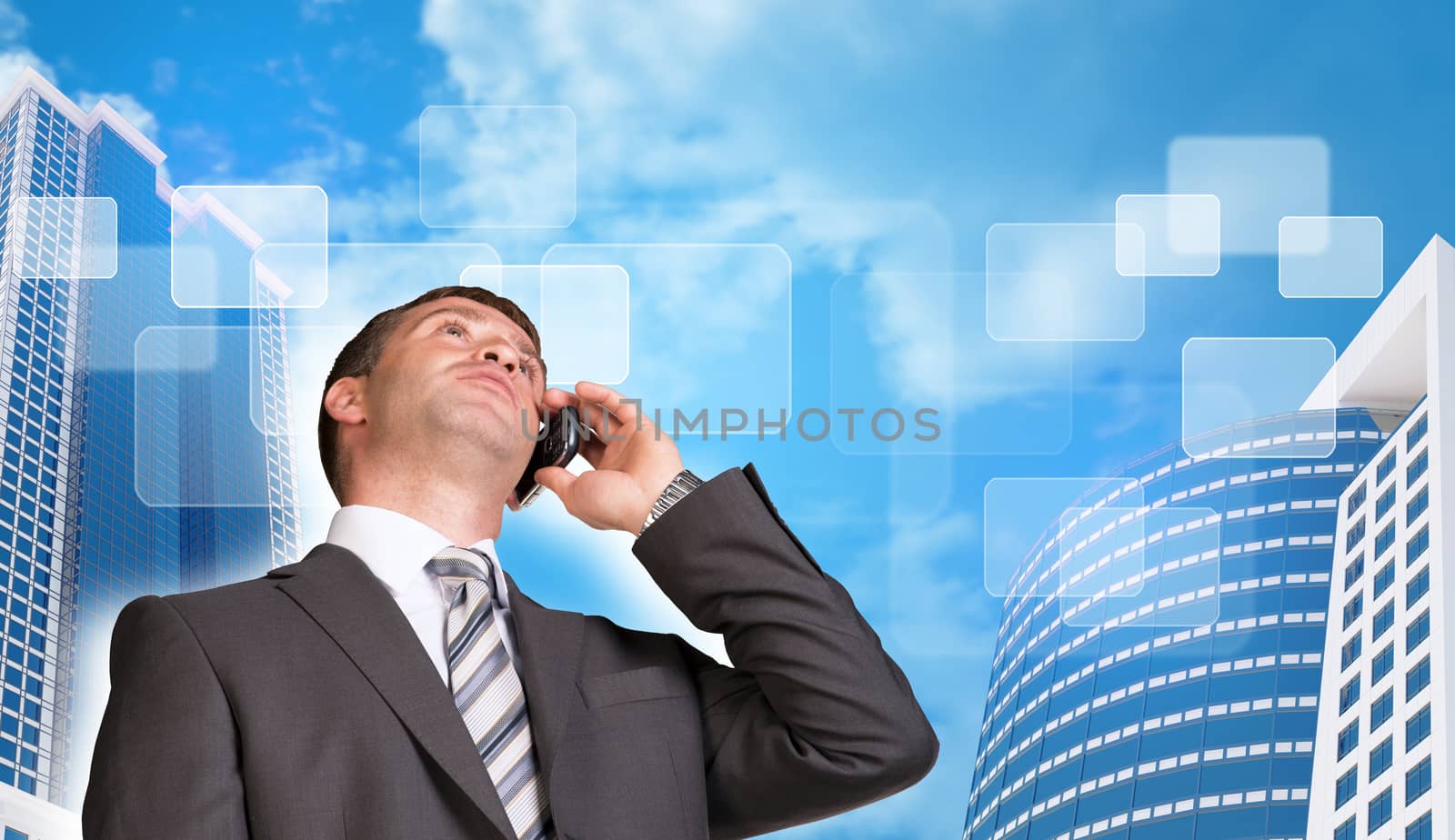 Businessman talking on the phone. Skyscrapers and sky with transparent rectangles in background