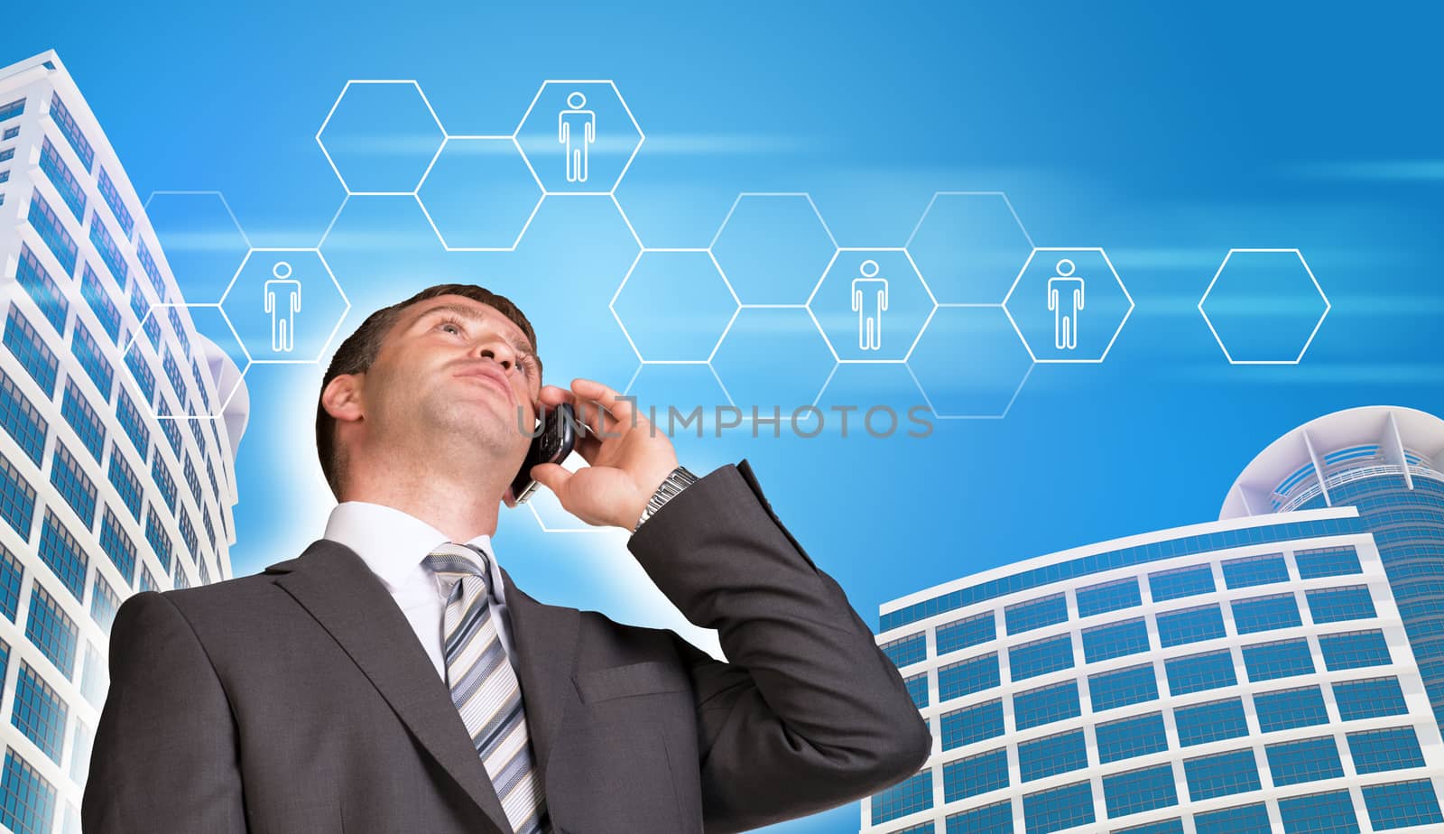 Businessman talking on the phone. Skyscrapers, sky and hexagons with people icons in background