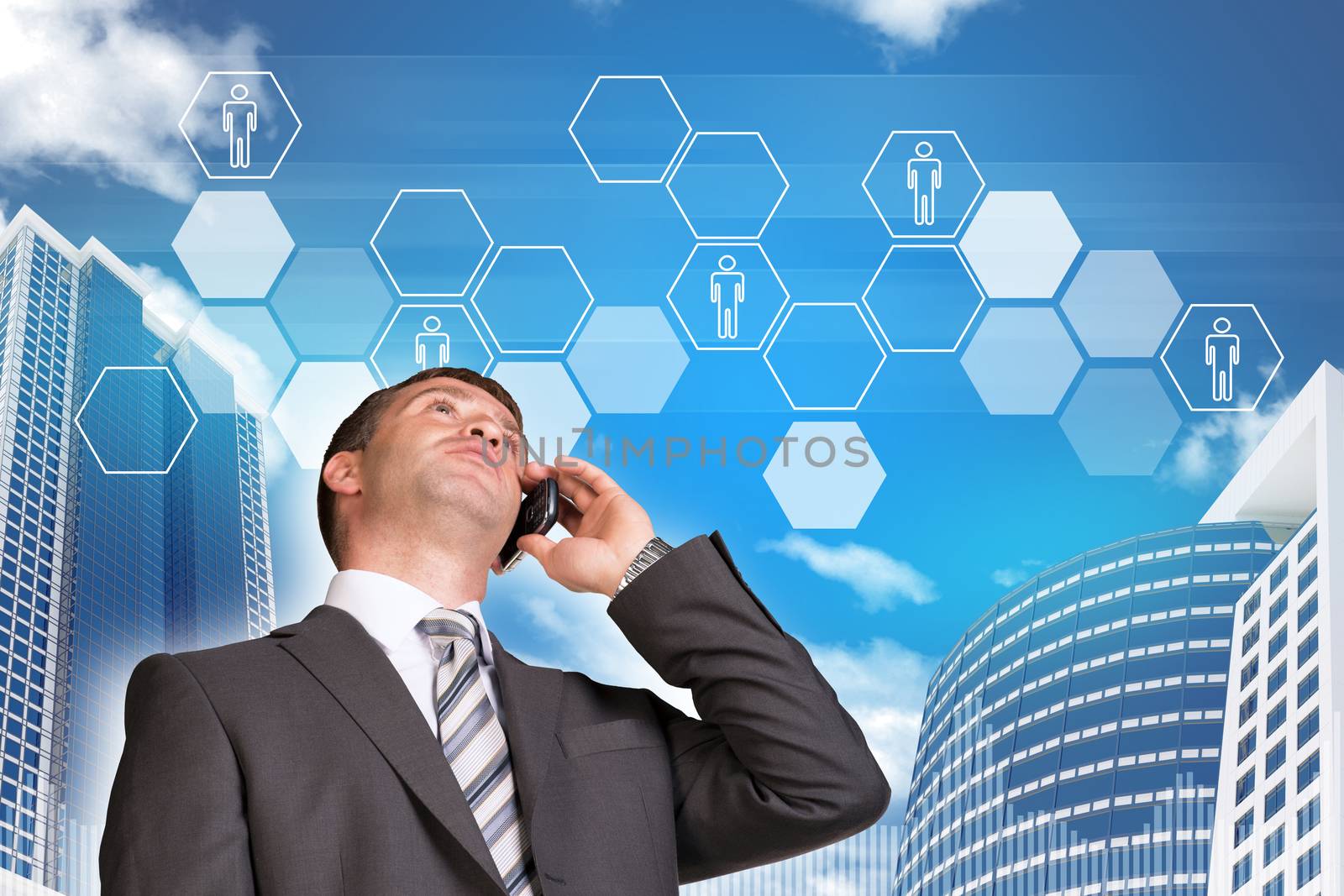 Businessman talking on the phone. Skyscrapers, sky and hexagons with people icons in background