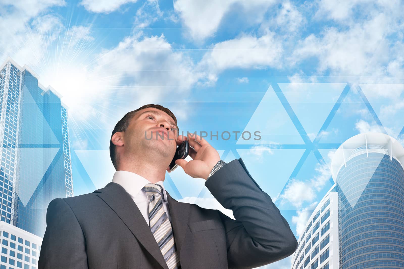 Businessman talking on the phone. Skyscrapers and sky with triangles by cherezoff