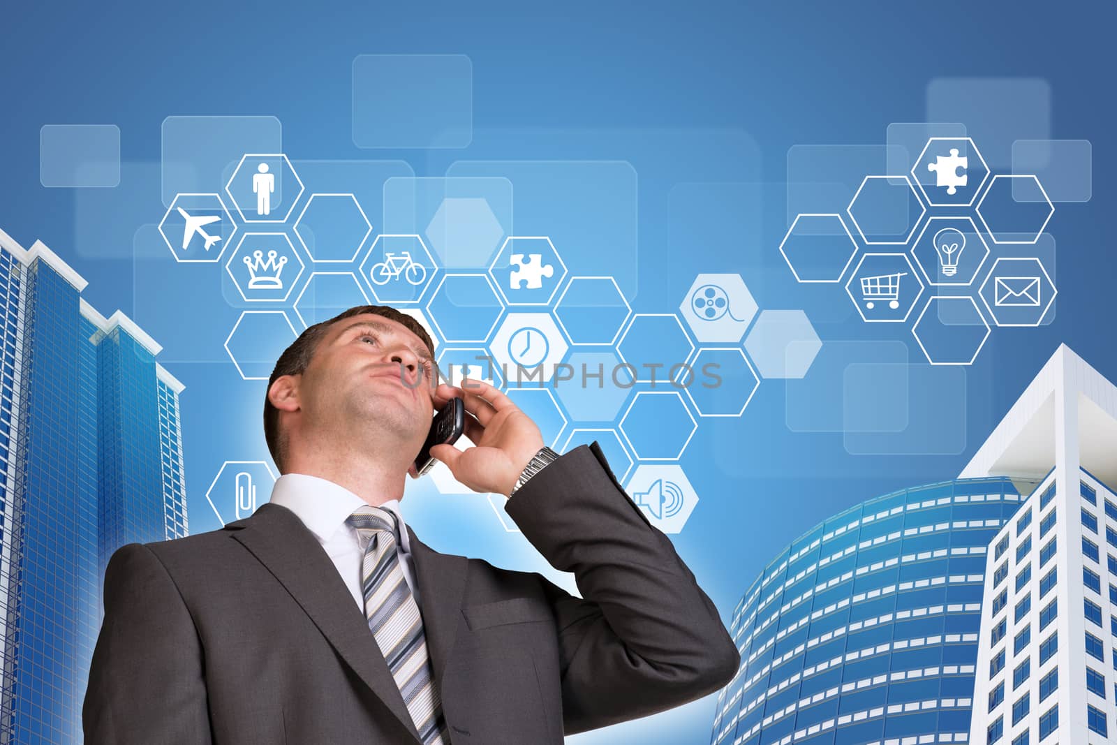 Businessman talking on the phone. Skyscrapers and hexagons with icons by cherezoff