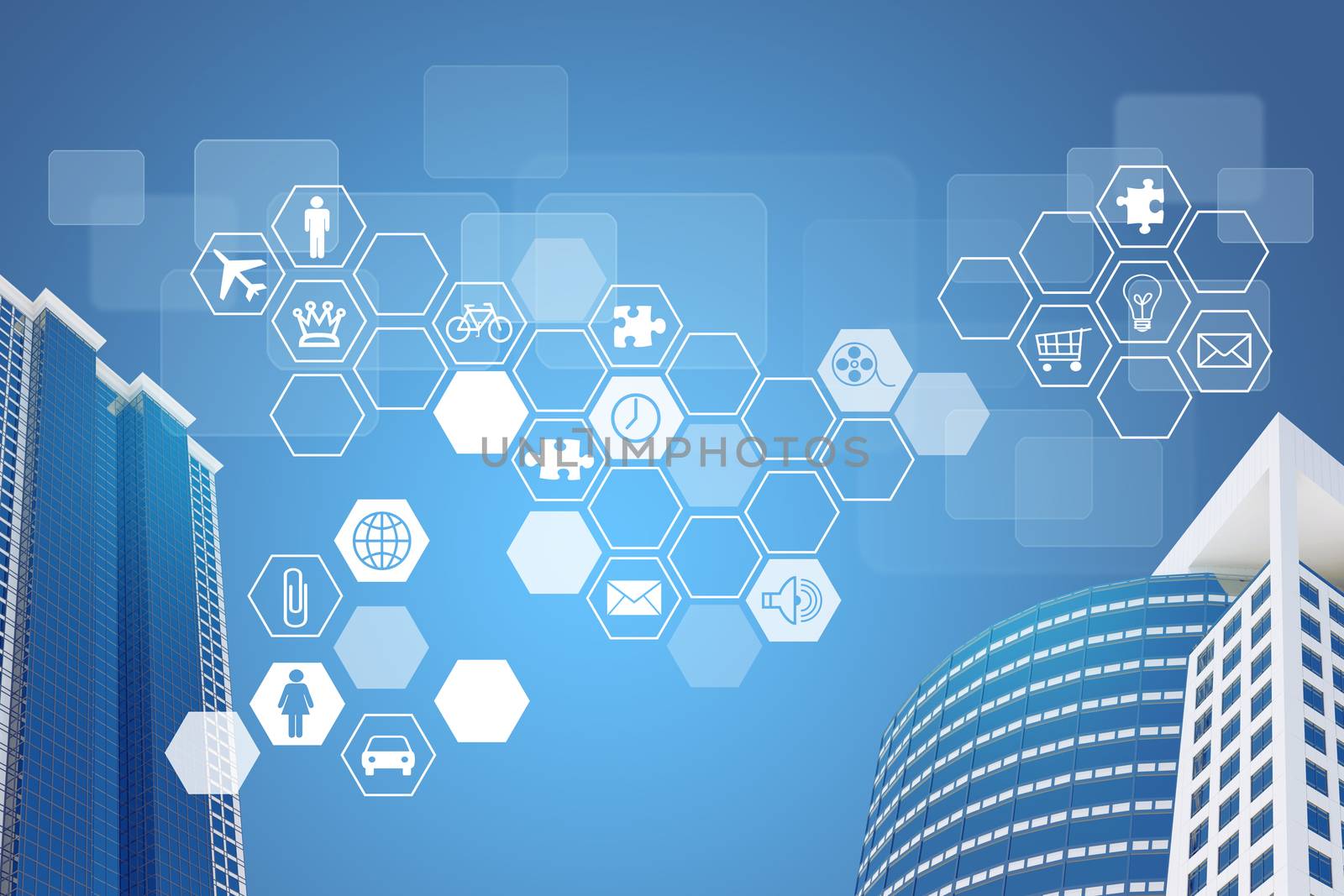 Skyscrapers and hexagons with icons. Architecture background