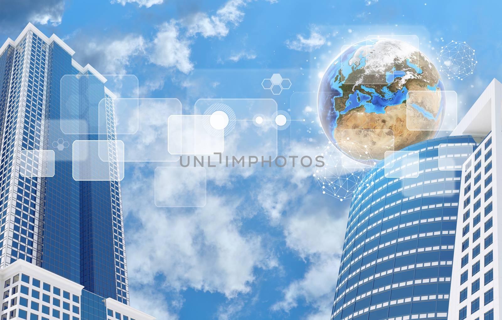 Skyscrapers and Earth with transparent rectangles. Element of this image furnished by NASA