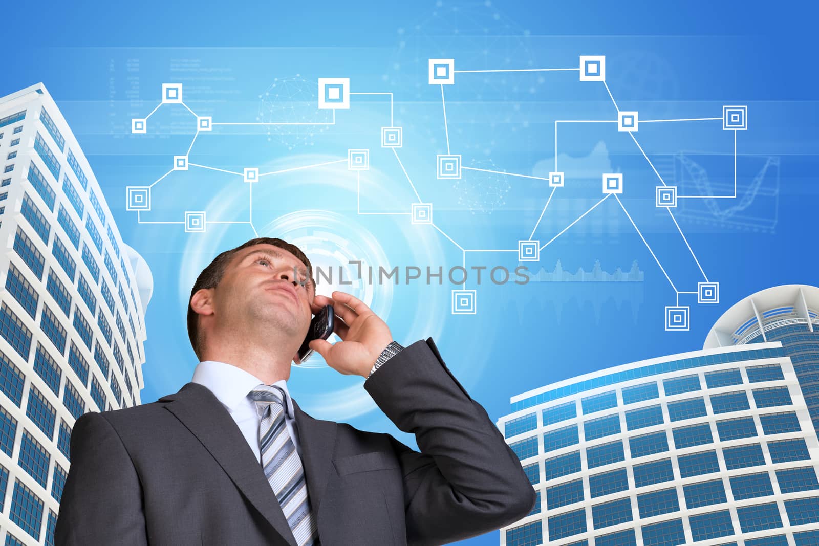 Businessman talking on the phone. Skyscrapers, sky and network with circles by cherezoff