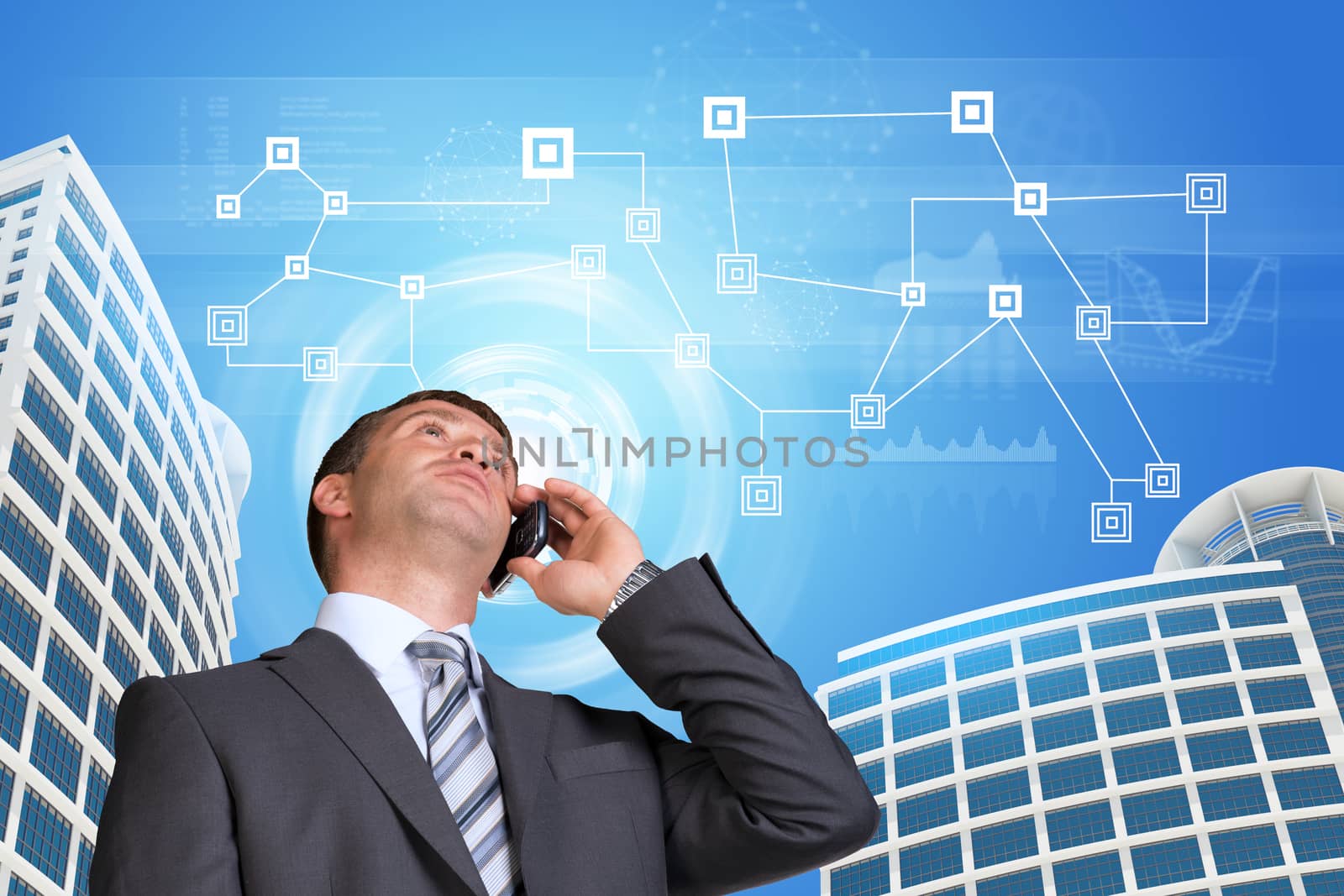 Businessman talking on the phone. Skyscrapers, sky and network with circles in background