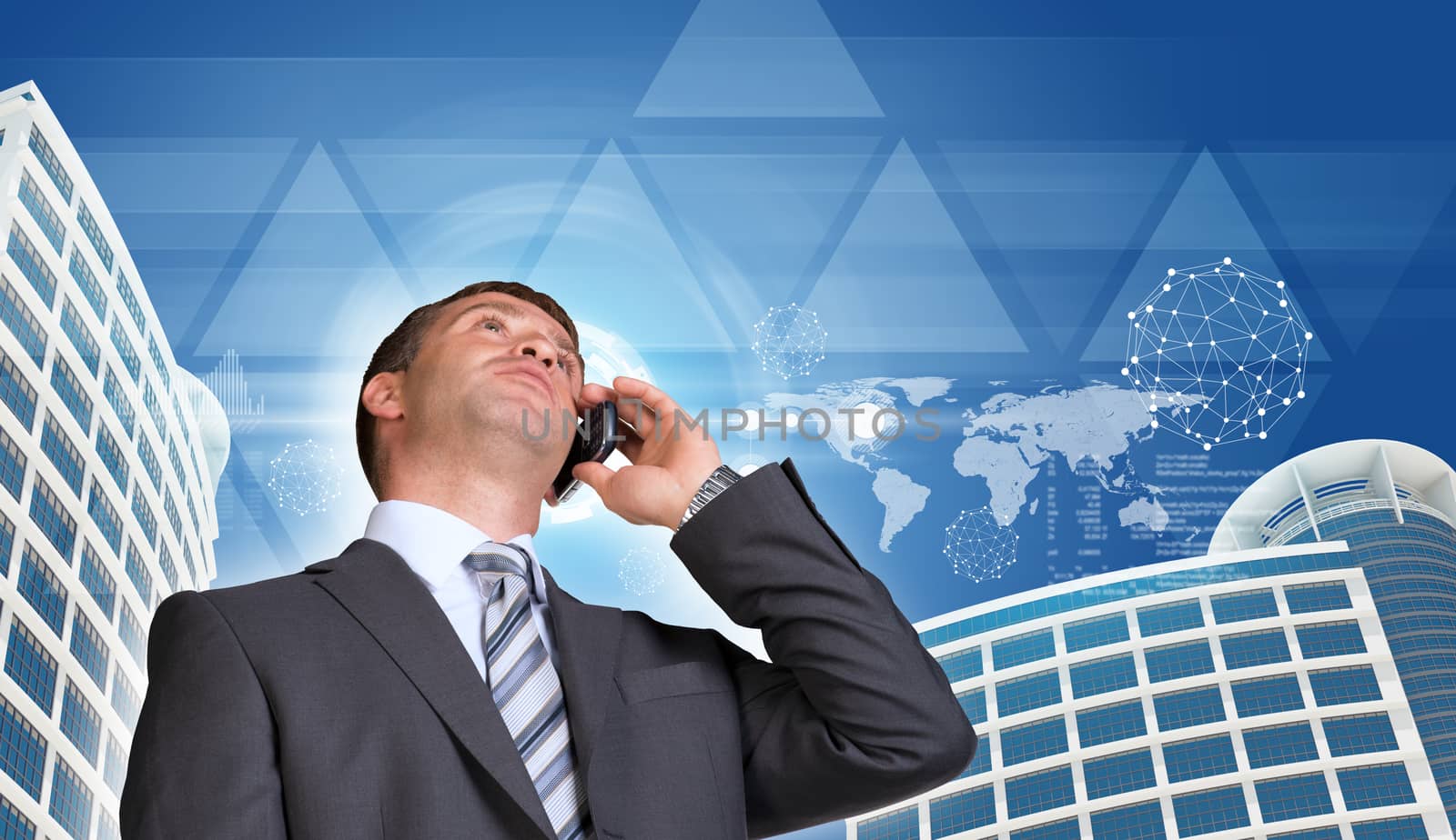 Businessman talking on the phone. Skyscrapers, sky and triangles with circles by cherezoff