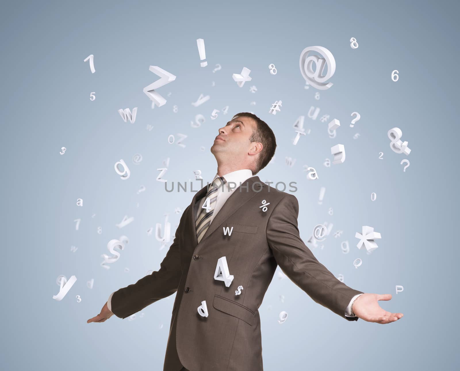 Businessman in suit spread his arms and looking up. Figures and letters fall from above