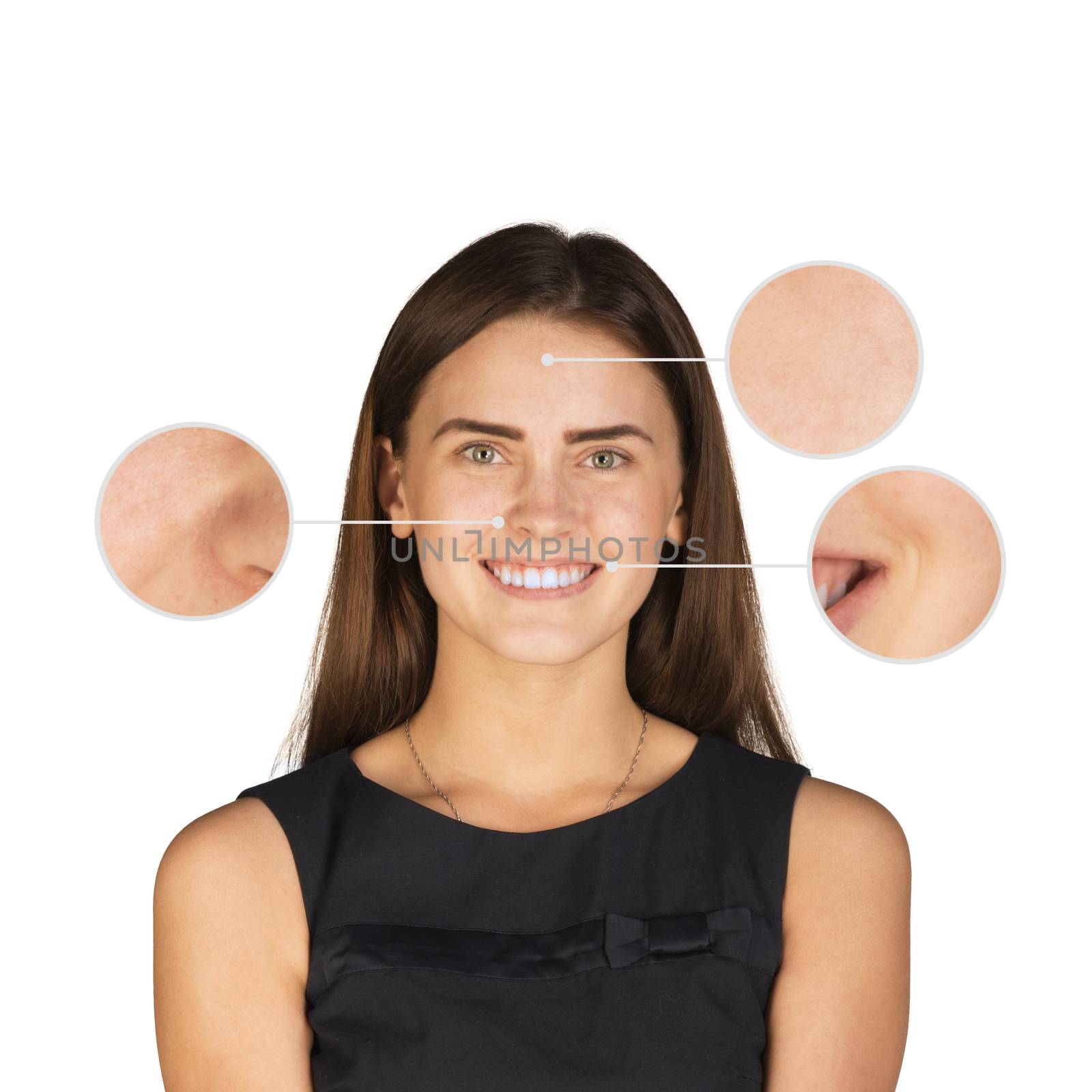 Portrait of beautiful girl. Callouts with zoom on the nose, lips and skin. Isolated on white background