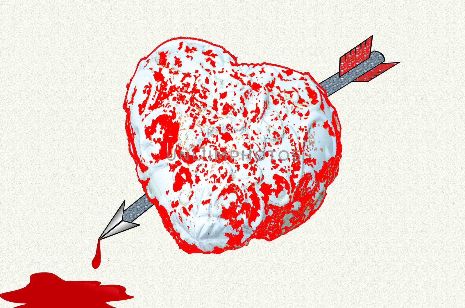 Red and white heart with an arrow pierced with a pool of blood on light textured background.
