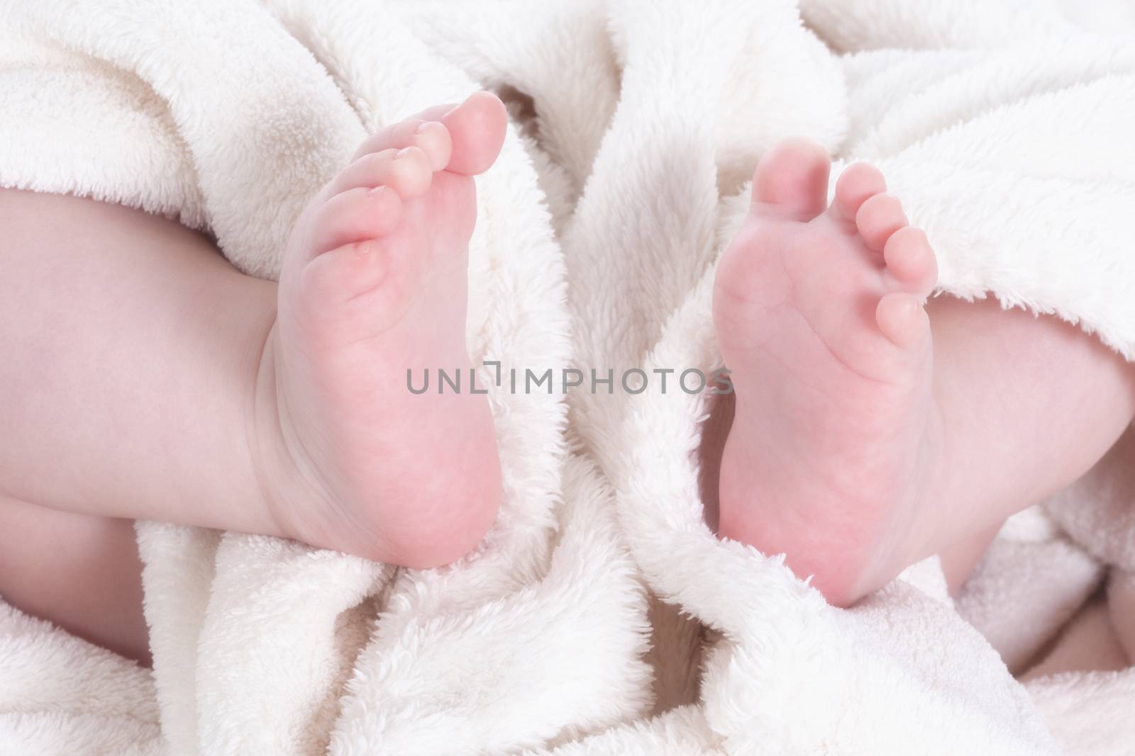 close up of baby�s feet wrapped in white blanket