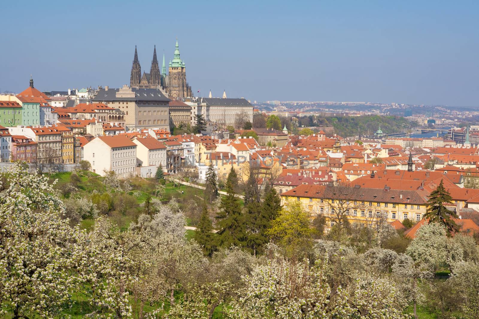 prague - view of hradcany castle and st. vitus cathedral in spring