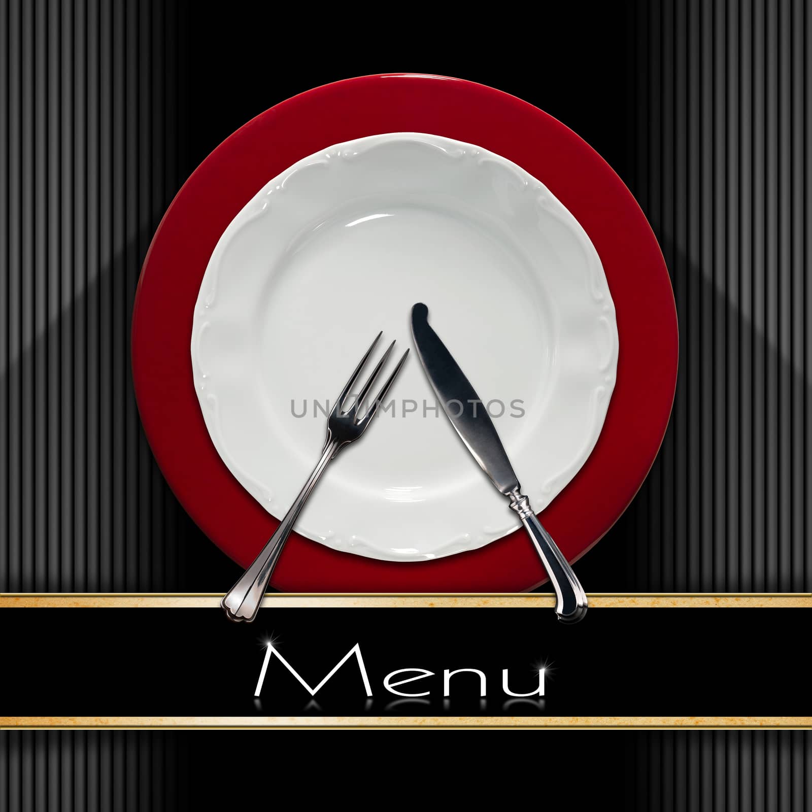 Restaurant menu with empty and white plate on red underplate with silver cutlery, fork and knife on grey and black background with black band