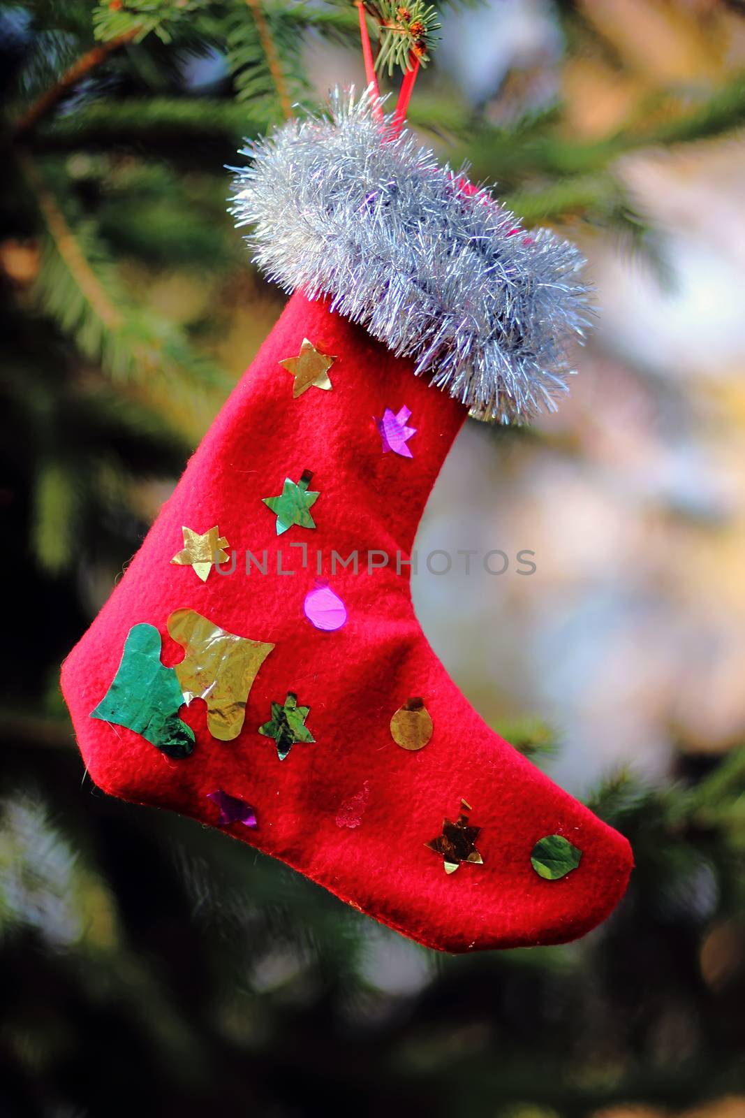 stocking on Christmas hanging on a Christmas tree