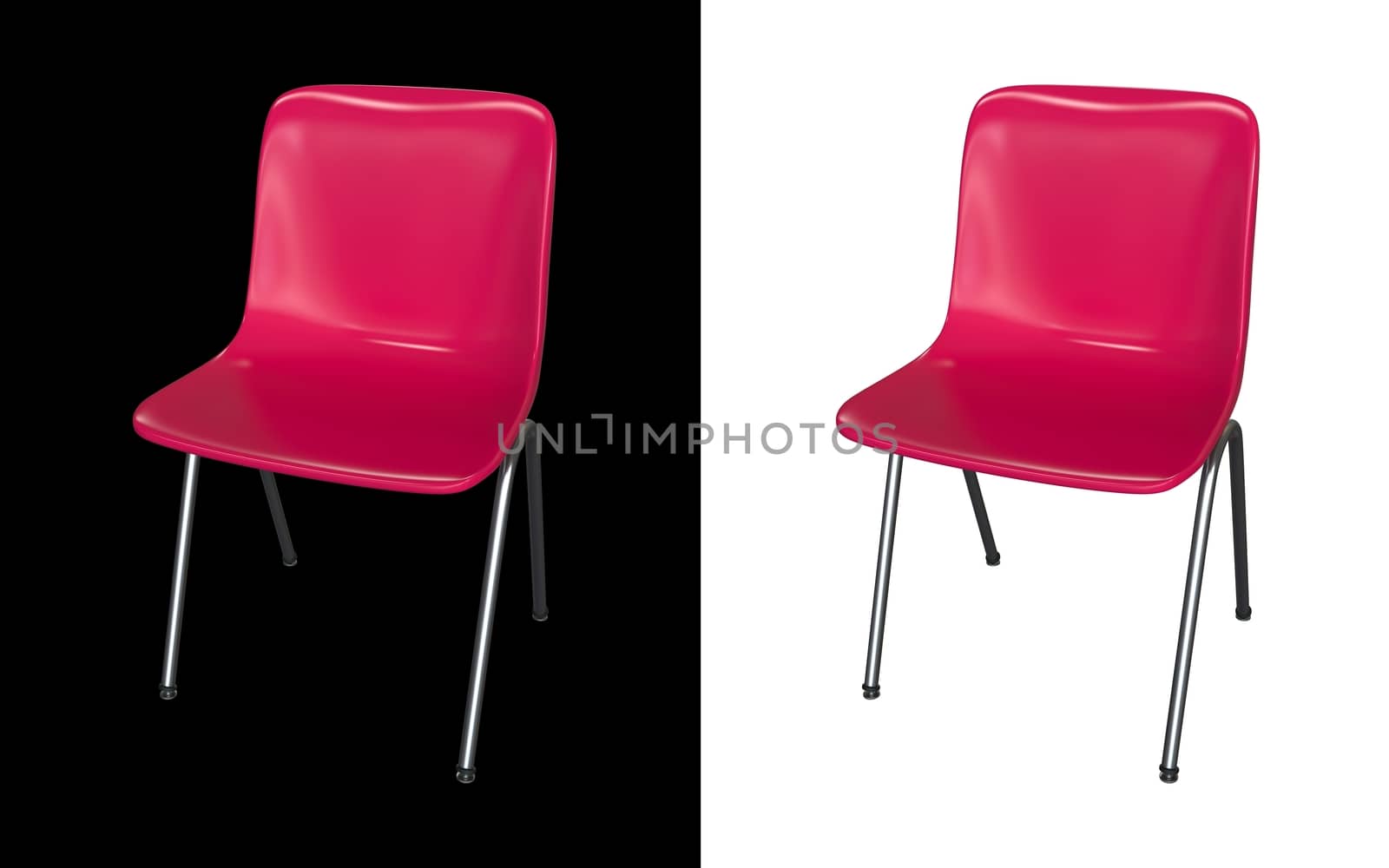 Pink modern chair isolated on black and white background. Kitchen interior, garden or dining room plastic and steel furniture 3d render illustration