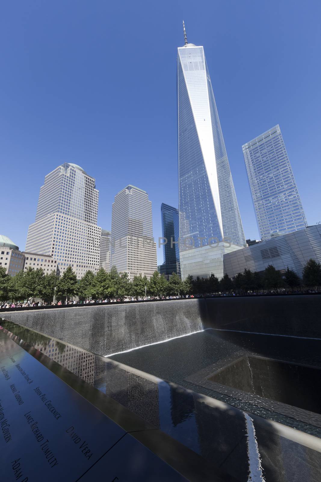 New York City, USA - September 27, 2014 : NYC's September 11 Memorial  in New York Downtown. The memorial was dedicated on the 10th anniversary of the Sept. 11, 2001 attacks.