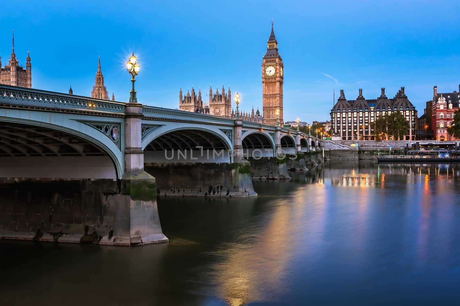 Big Ben, Queen Elizabeth Tower and Wesminster Bridge Illuminated in the Morning, London, United Kingdom