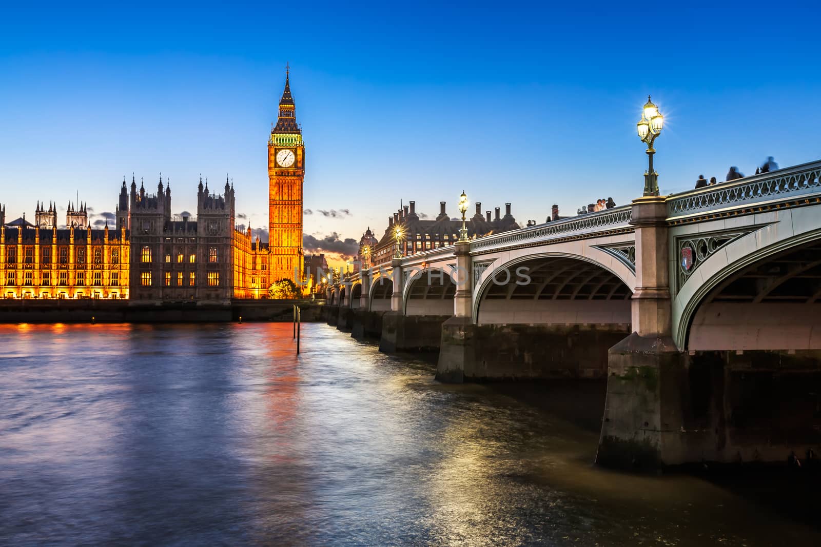 Big Ben, Queen Elizabeth Tower and Wesminster Bridge Illuminated in the Evening, London, United Kingdom