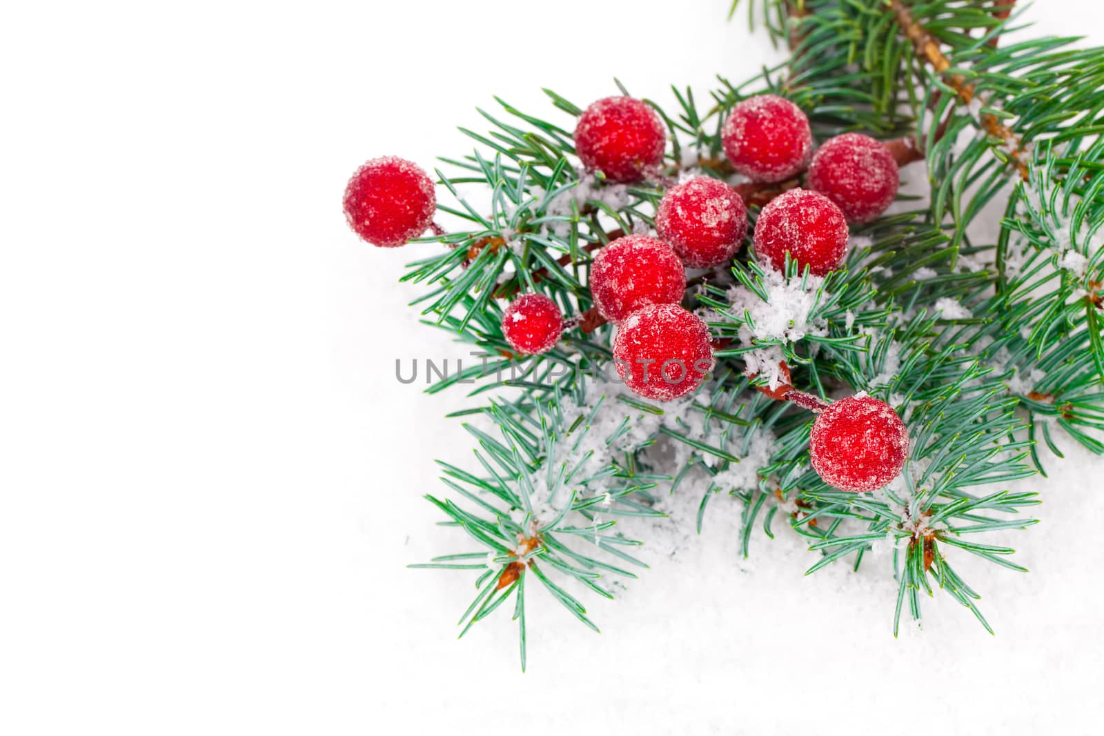 fir branches with Christmas decorations, isolated over white
