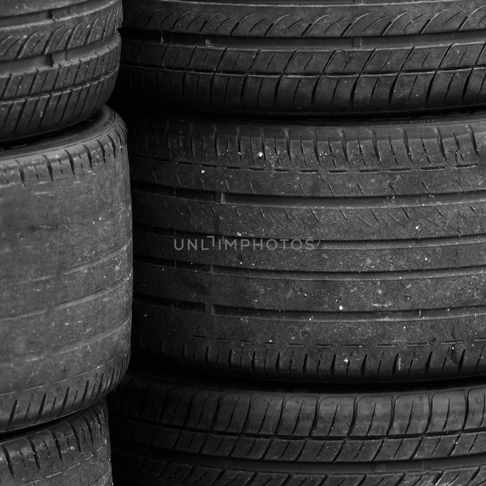 Pile of old rubber tires for background