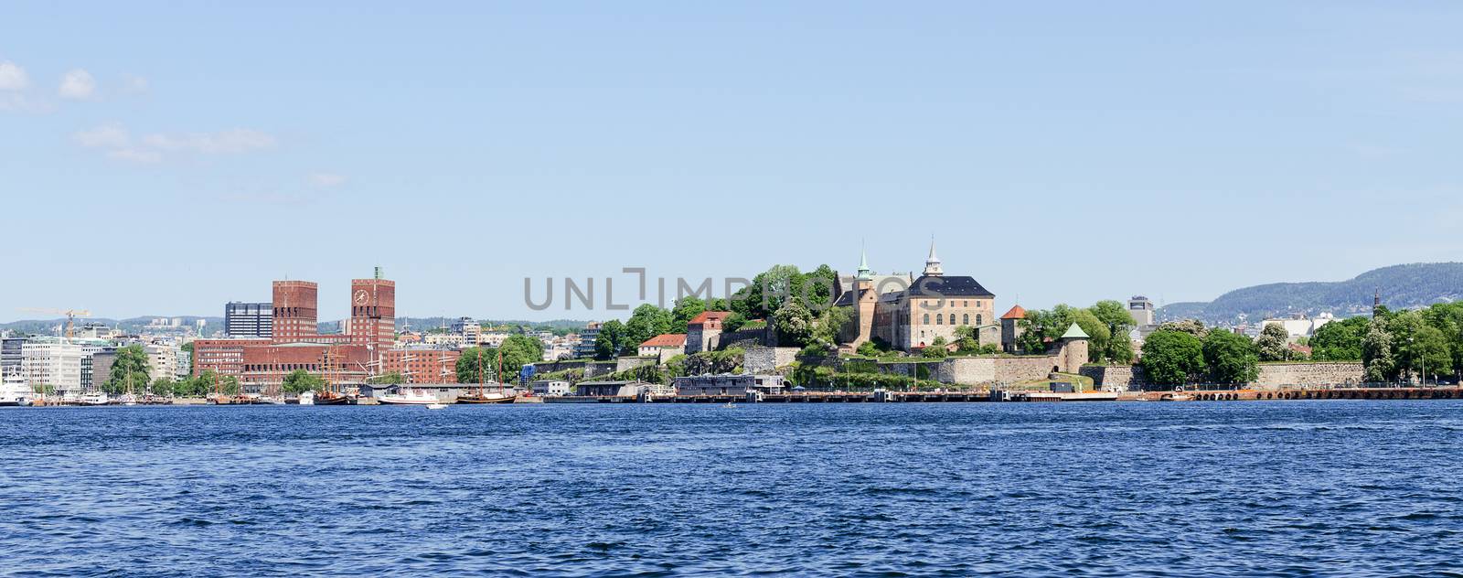 View on Oslo Fjord harbor and Akershus Fortress, Oslo, Norway