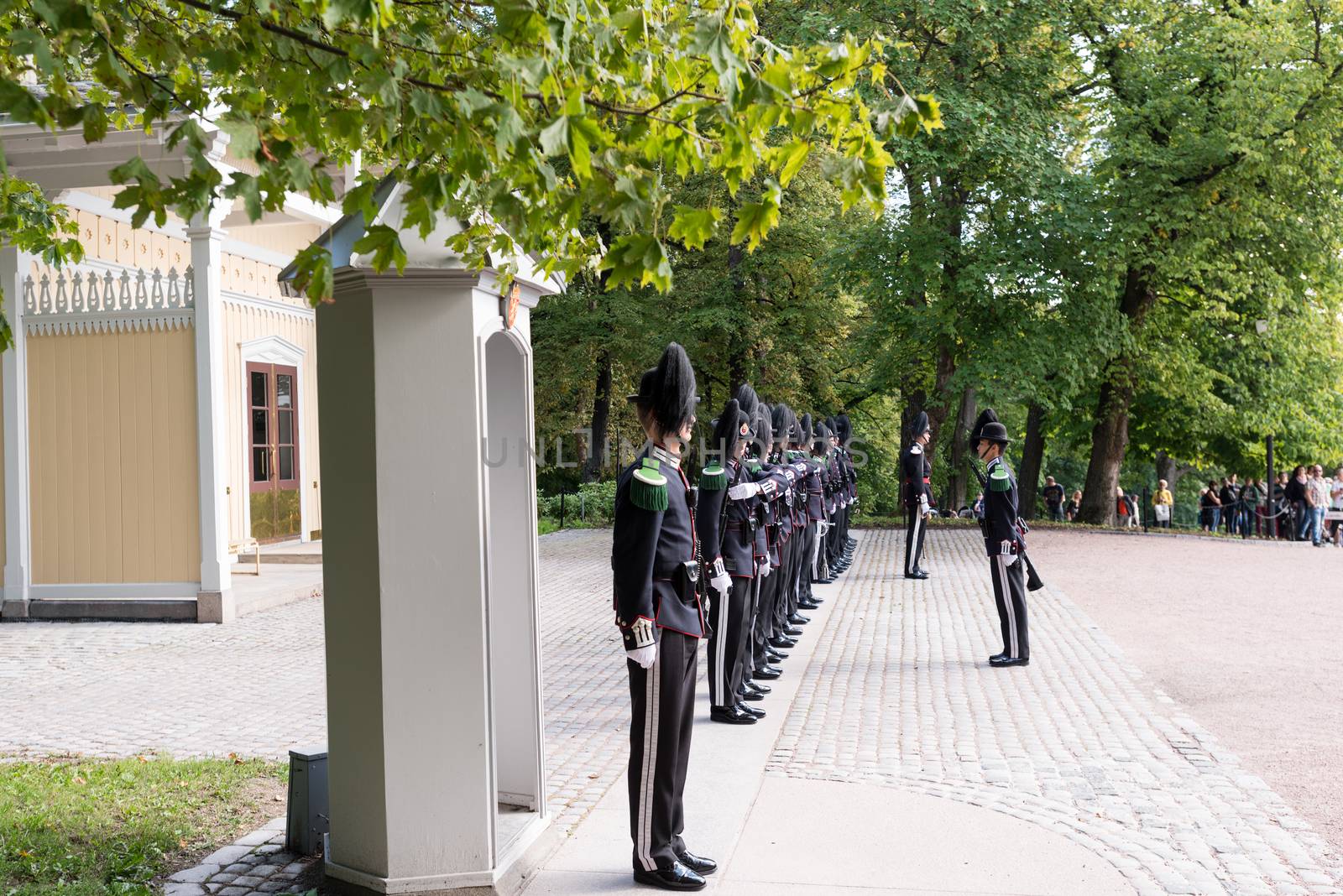 OSLO - AUGUST 28: In Oslo, His Majesty King's Guard keeps The Royal Palace and Royal Family guarded 24 hours day. Every day at 1330 hrs, there is Change of Guards outside Palace. Pictured on August 28, 2014