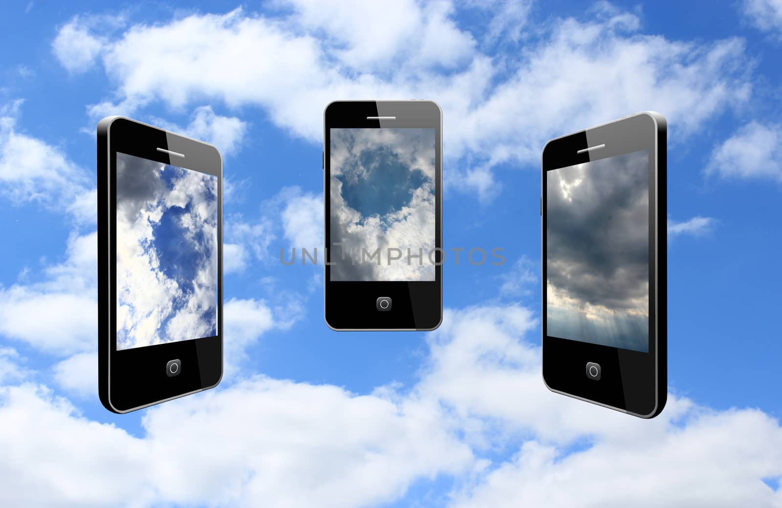 three modern mobile phones on the different cloudy sky