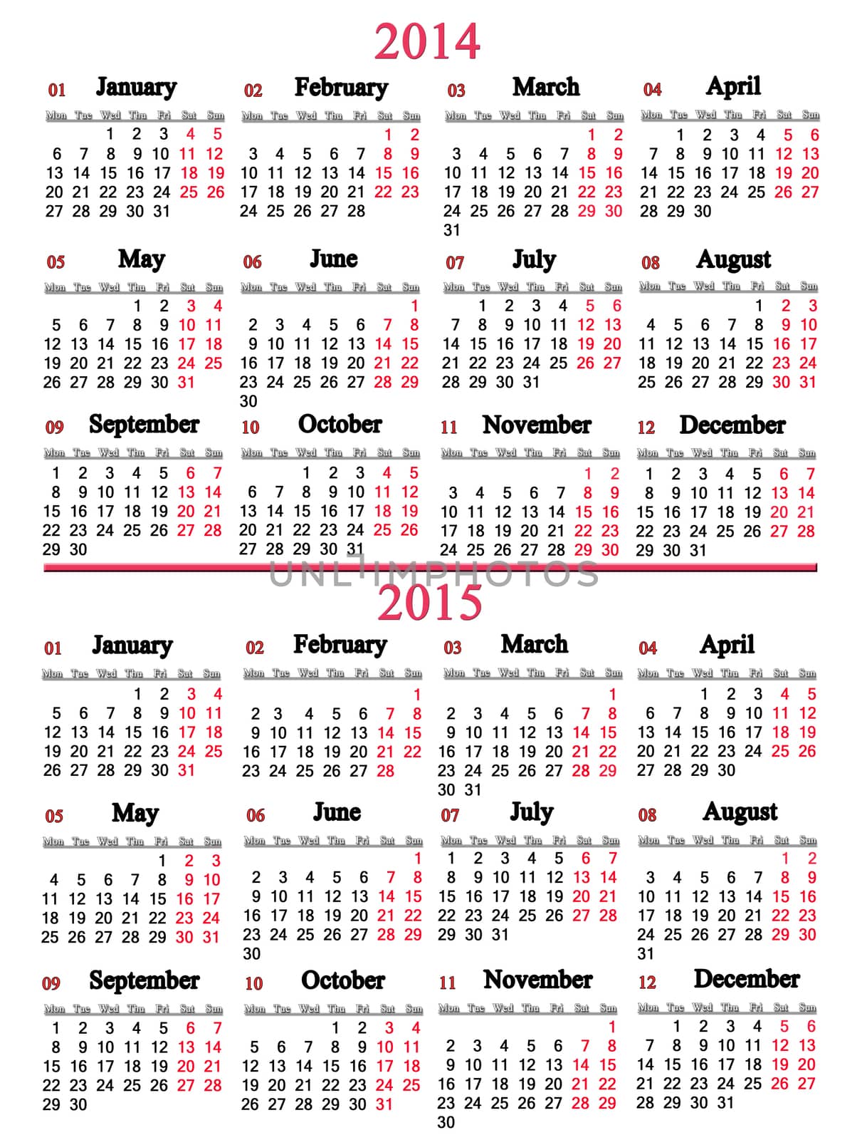 office calendar for 2014 - 2015 years on white background