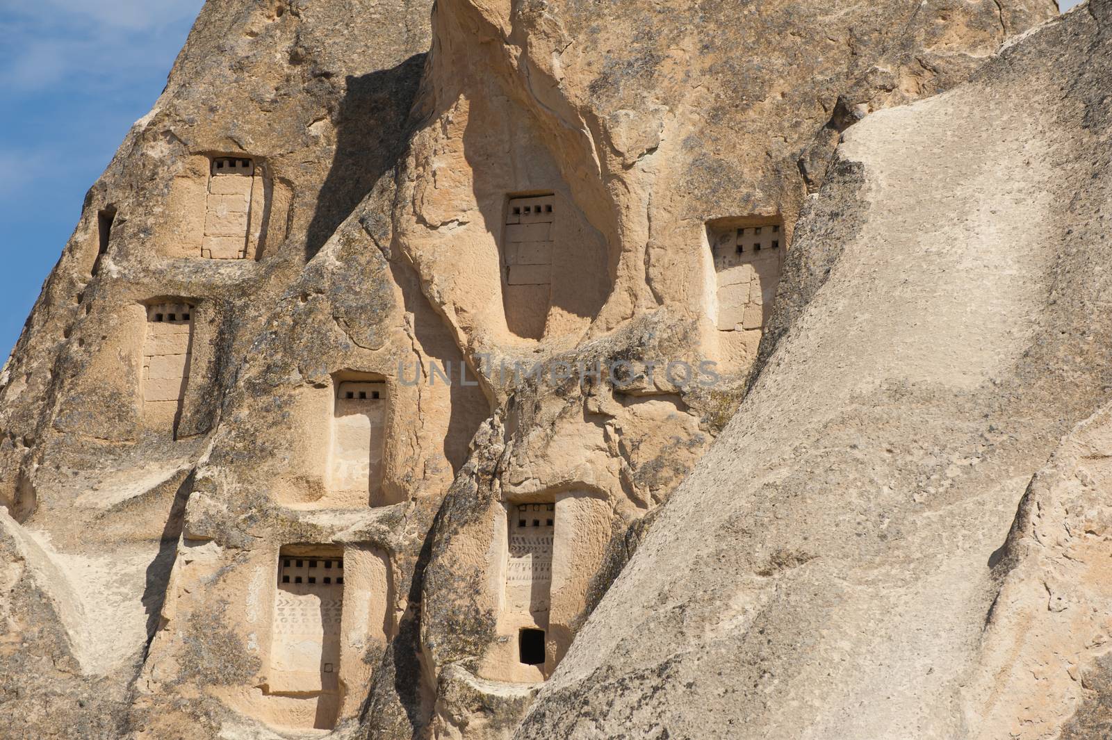 Detail of the ancient  homes dug into the mountains, Cappadocia, Turkey