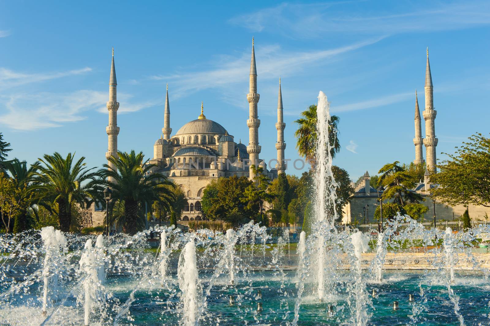 Blue Mosque and fountains in the morning, Istanbul, Turkey