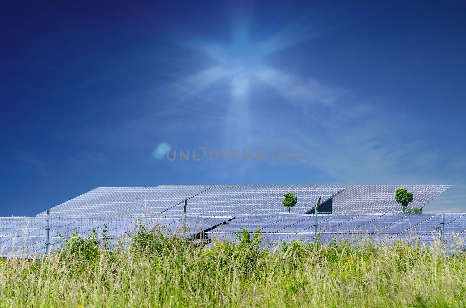 Solar cells on green field on blue sky with sun rays
