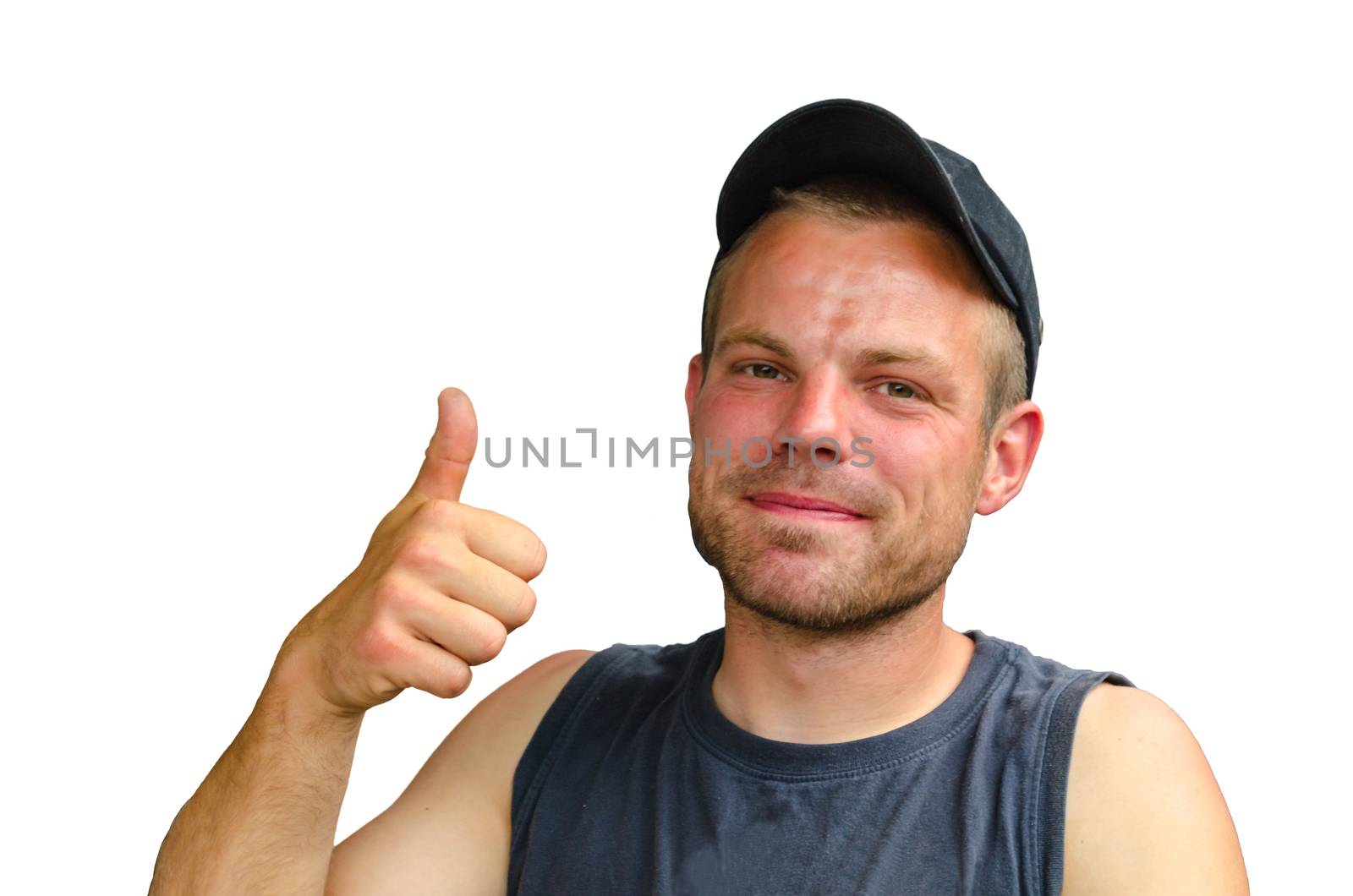 Young man with cap showing the thumbs up symbol against white background