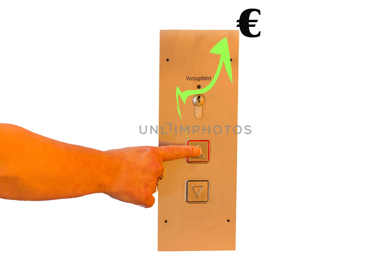 Woman hand presses elevator button with a green arrow pointing upwards.