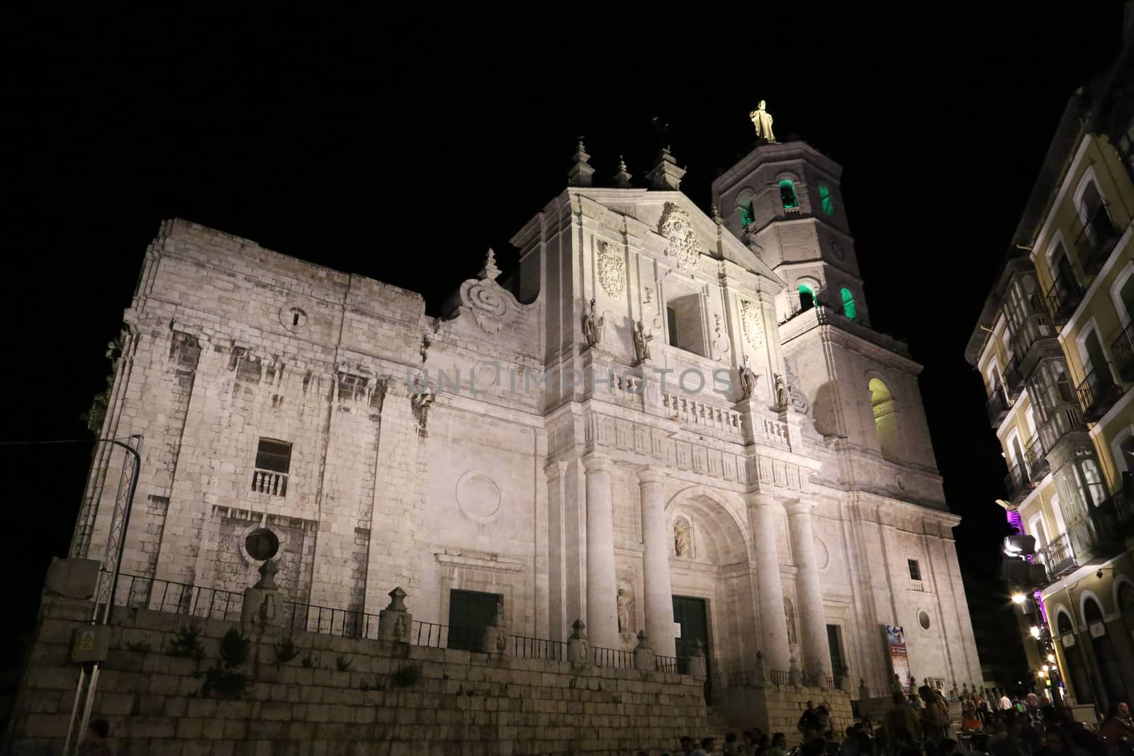 The illuminated Diocese church of Valladolid at night in Spain